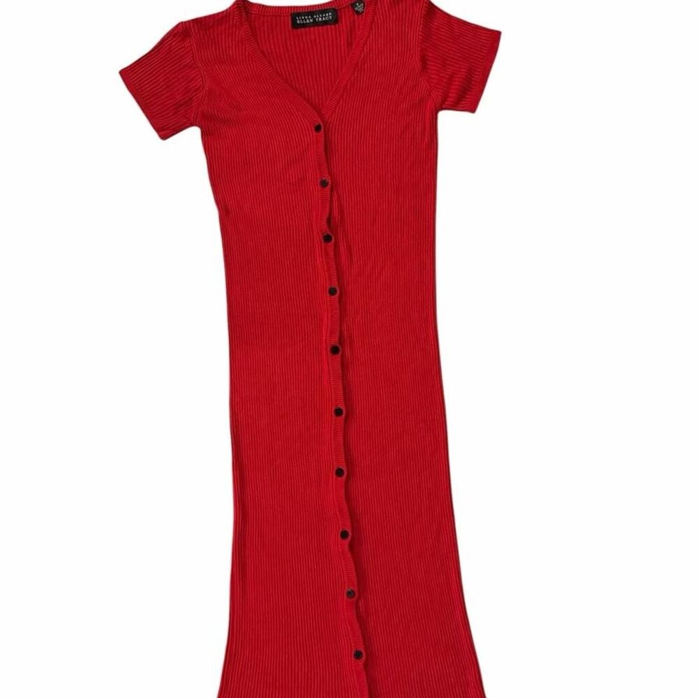 Linda Allard Ellen Tracy Red ribbed maxi dress with button front